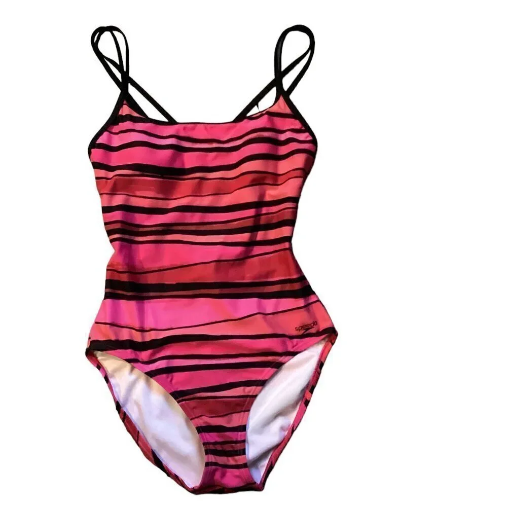 Speedo Striped One-Piece Swimsuit Cross Strap‎ Girls Sz 10 Pink Red Black #170J